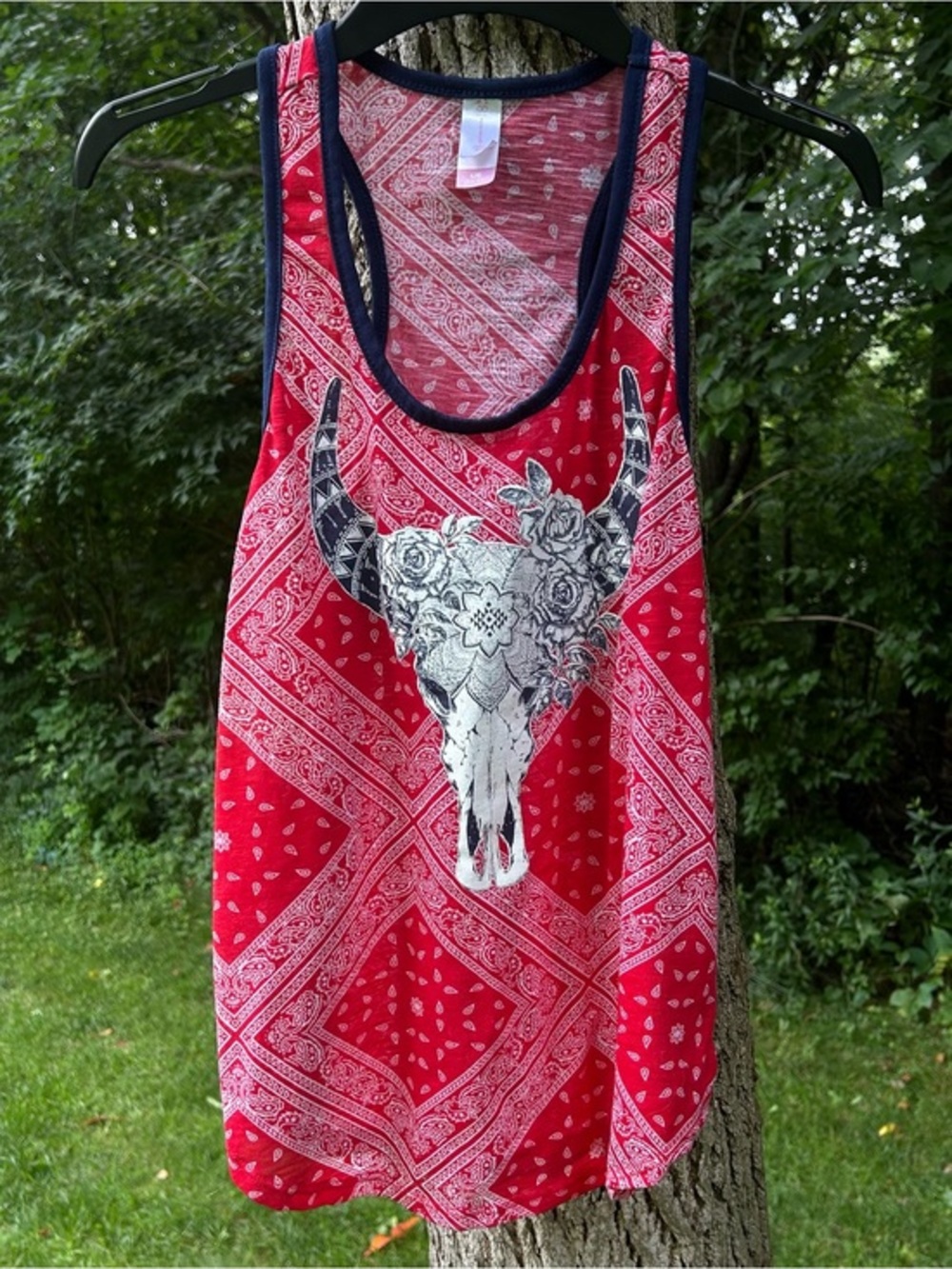 No Boundaries Red Paisley Bandana Tank Top Floral with Bull Skull Graphic